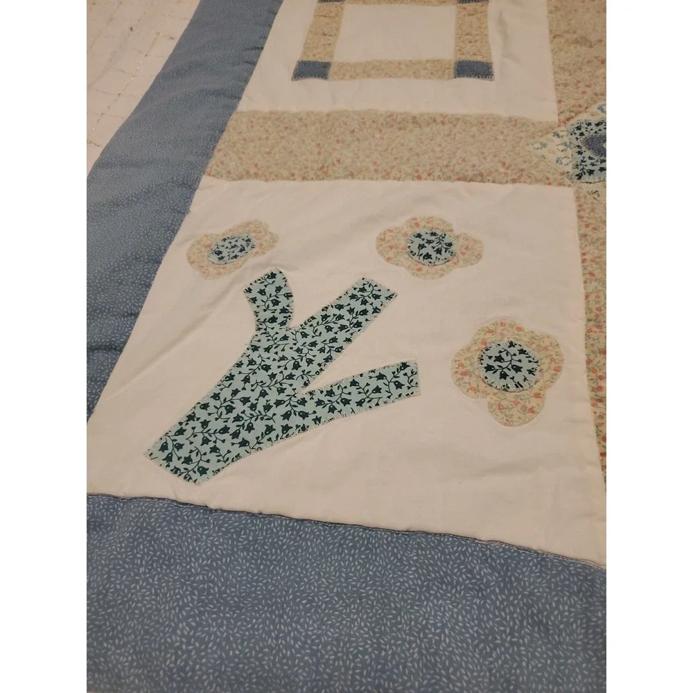 Small baby‎ quilt Blue Beige Bunny Flowers Heart Vtg Square 32Lx34W 90's